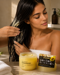 Dear Beaute HIMAWARI Treatment Mask on a bathroom shelf, Japanese hair mask