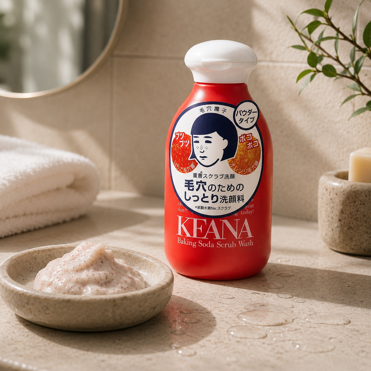 KEANA Baking Soda Scrub Wash in a bathroom setting, Japanese pore-care powder cleanser