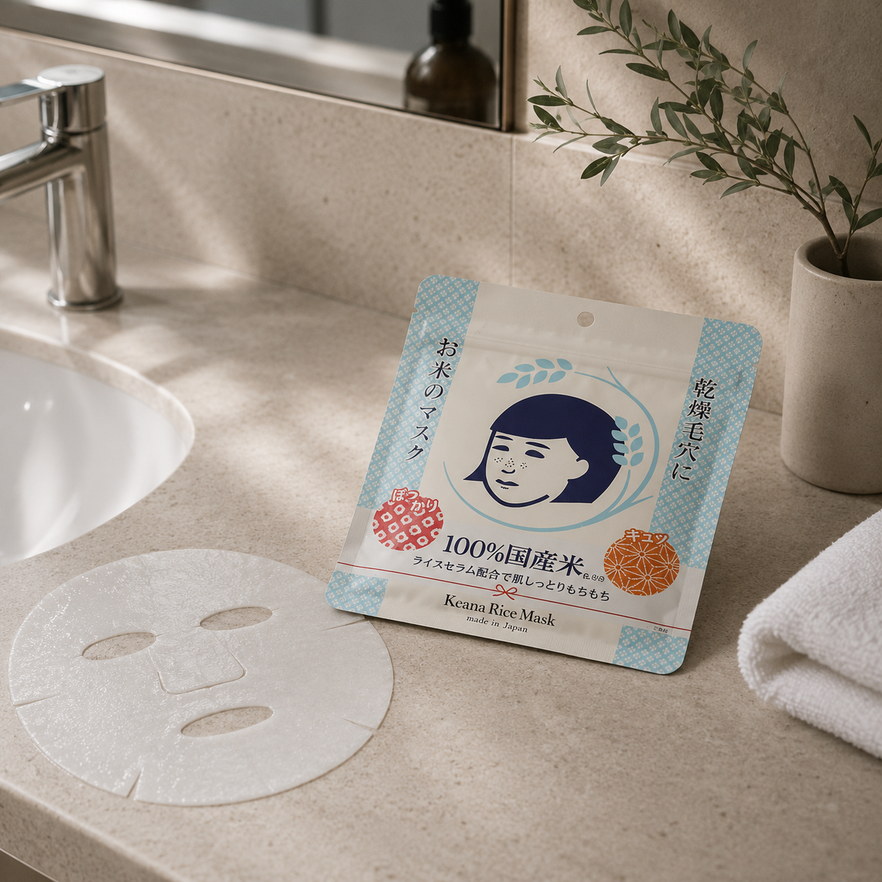 KEANA Rice Mask in use, hydrating Japanese rice sheet mask
