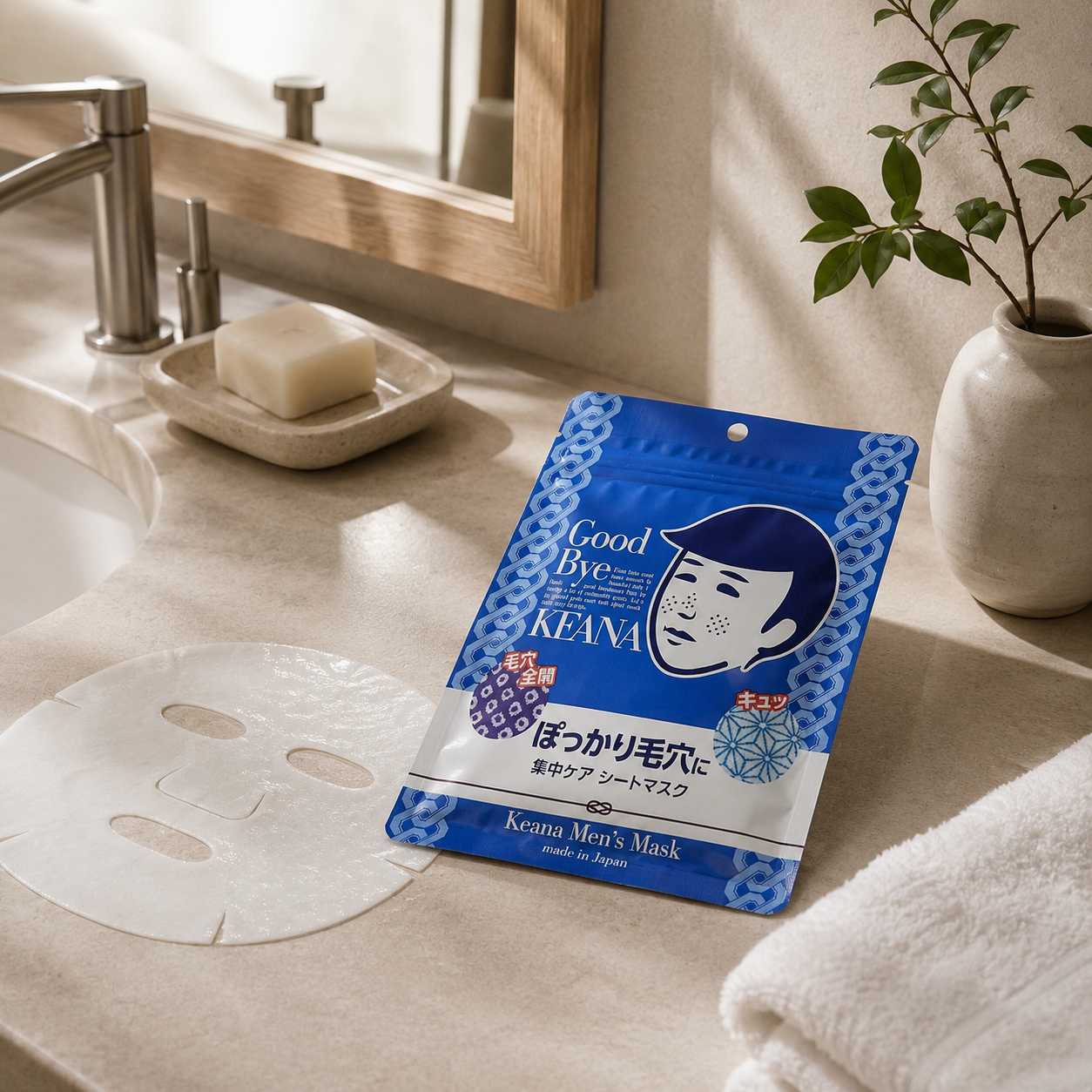 KEANA Men's Mask in use, Japanese sheet mask for male skin