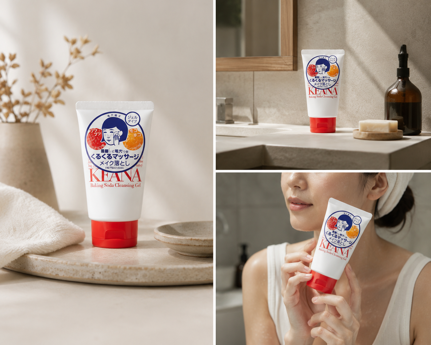 KEANA Baking Soda Cleansing Gel on a bathroom shelf, Japanese makeup remover