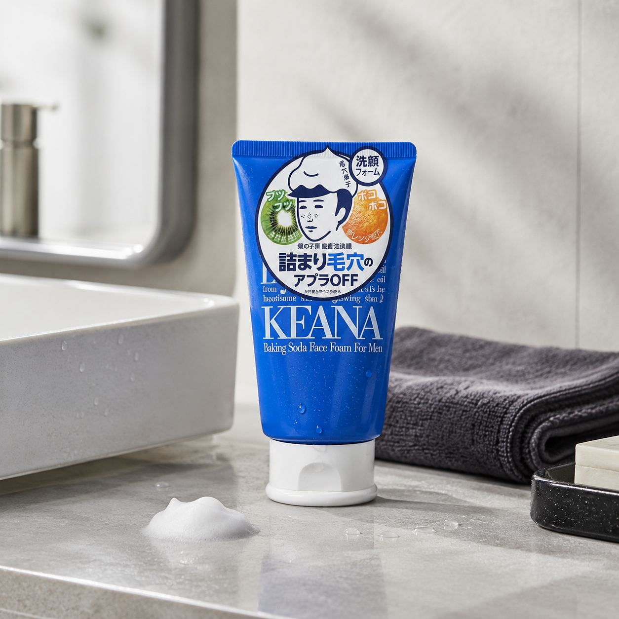 KEANA Face Foam For Men on a bathroom surface, Japanese men's skincare