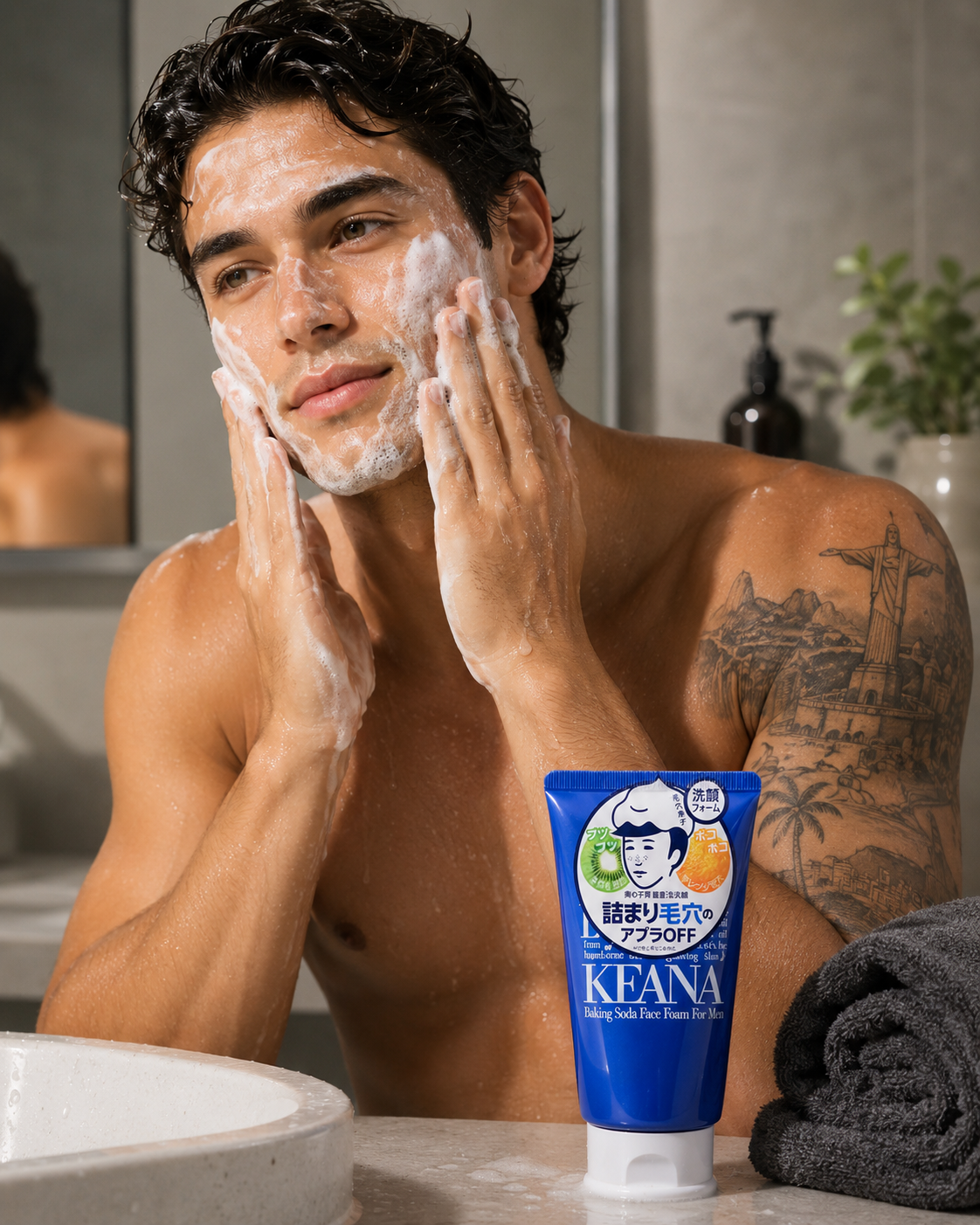KEANA Baking Soda Face Foam For Men in use, Japanese cleanser for oily male skin