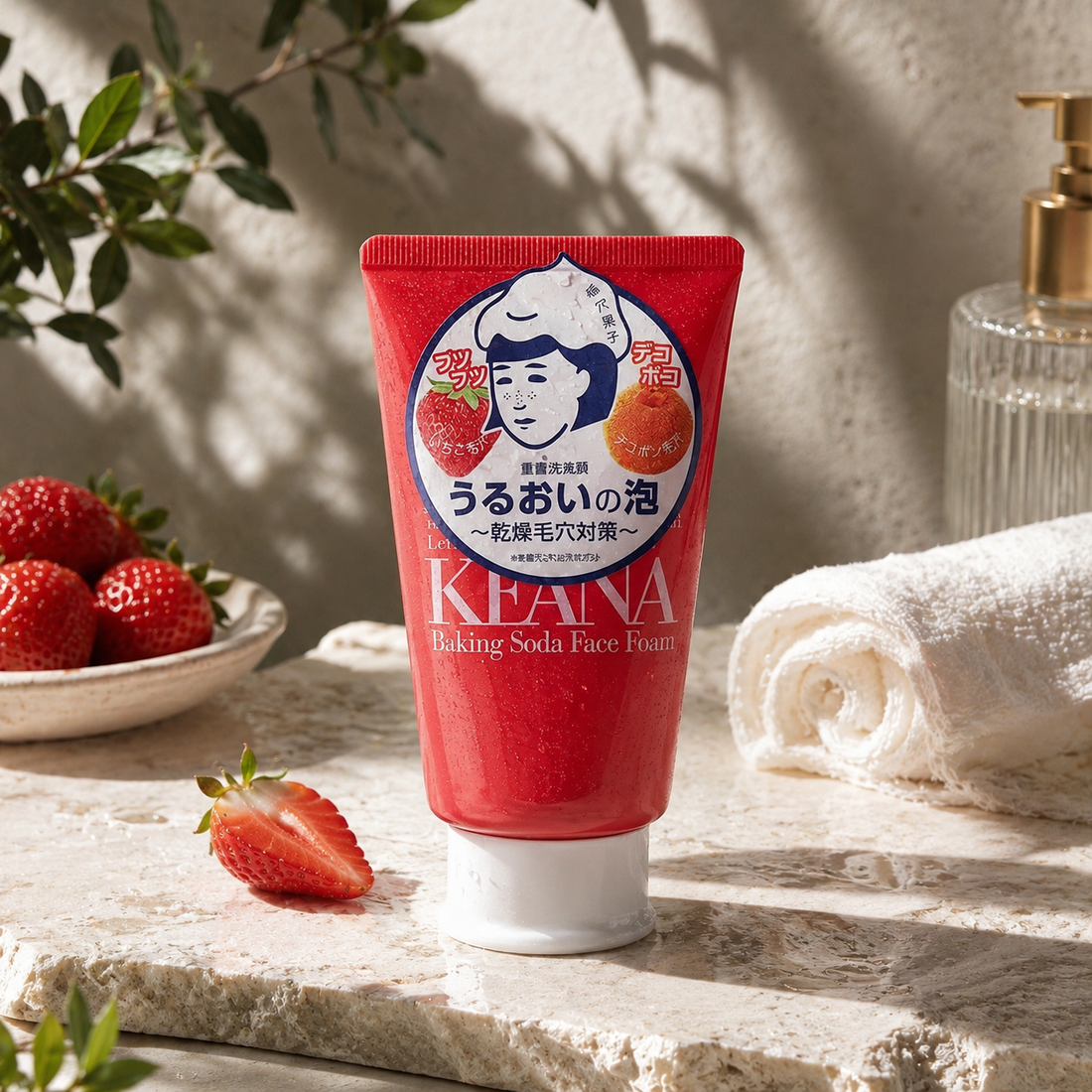 KEANA Baking Soda Face Foam in a red tube with white cap, Japanese pore-care cleanser