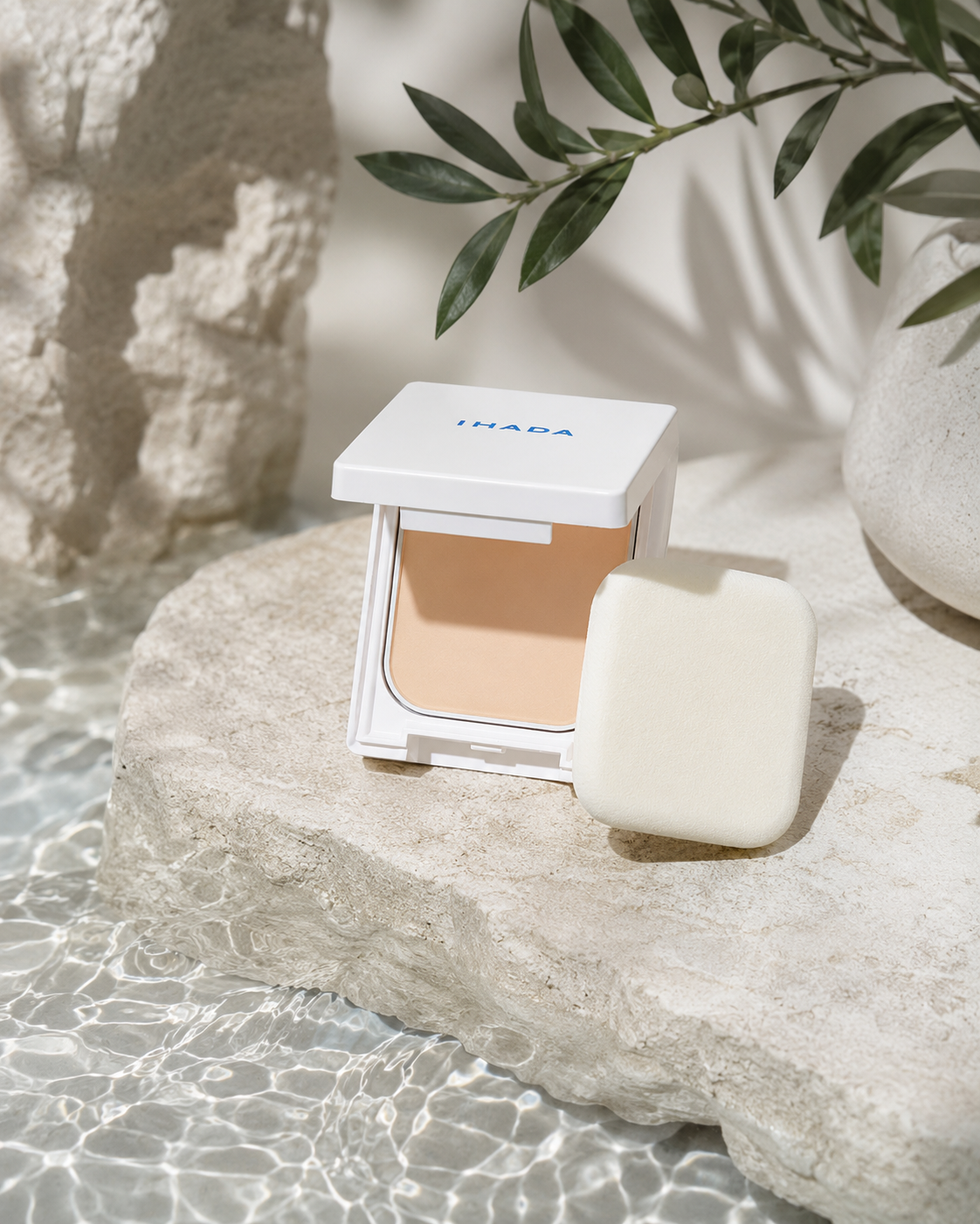 IHADA Face Protect Powder compact on a bathroom shelf, Japanese powder sunscreen