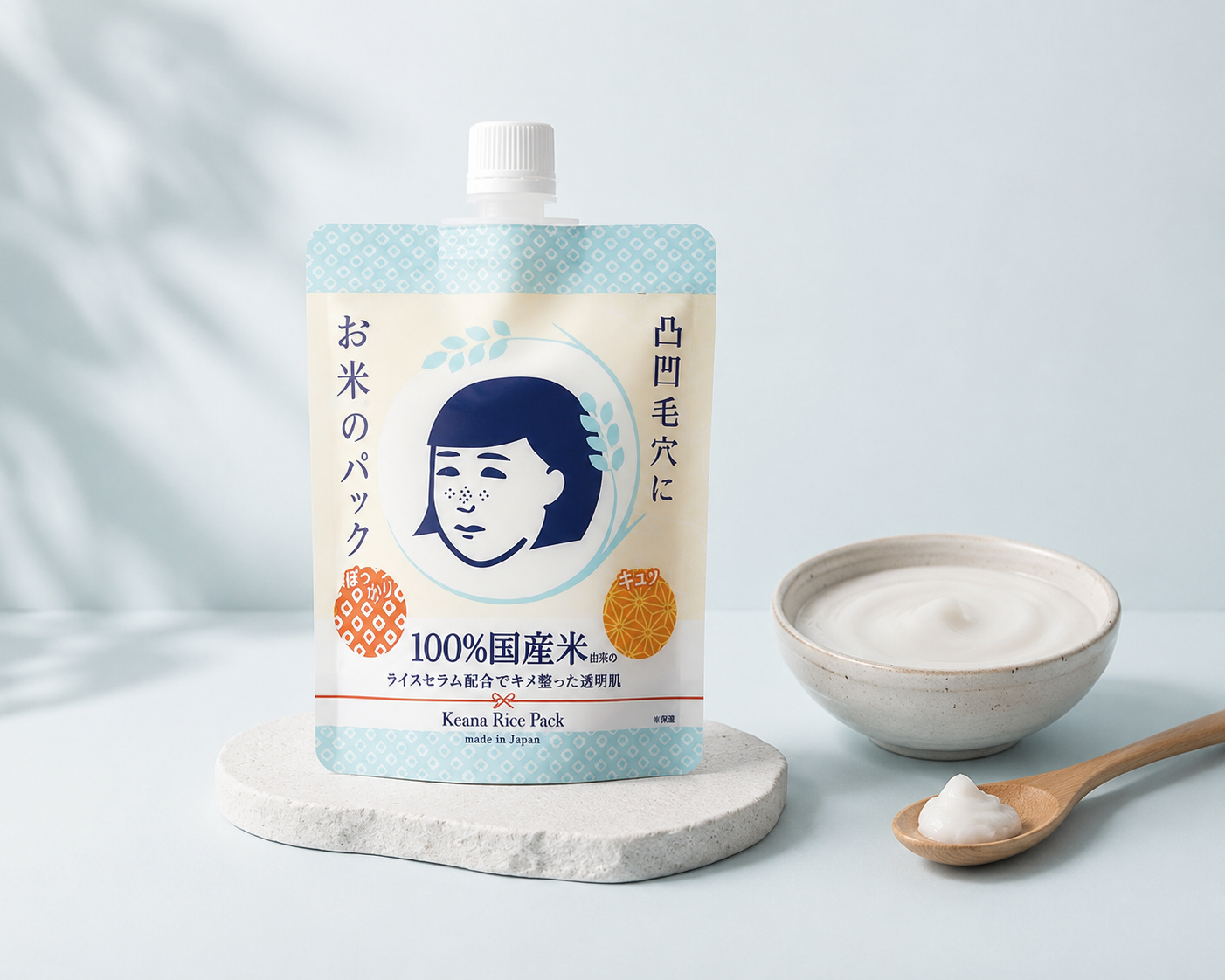KEANA Rice Pack on a bathroom shelf, Japanese rice skincare treatment