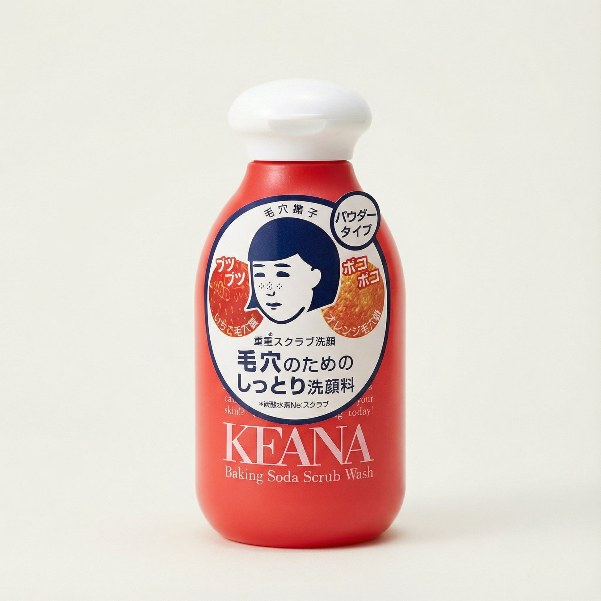 Red bottle of KEANA Baking Soda Scrub Wash with a white cap on a light beige background