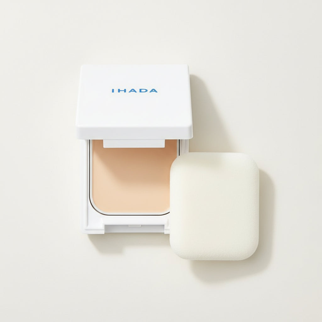 IHADA Face Protect Powder compact opened, showing powder and puff
