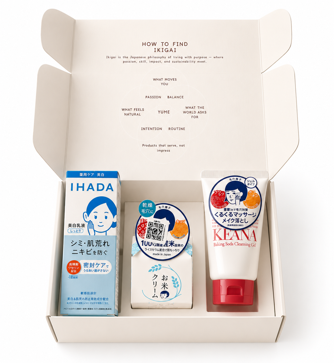The PM Routine bundle: KEANA Cleansing Gel, IHADA Medicated Lotion and KEANA Rice Cream